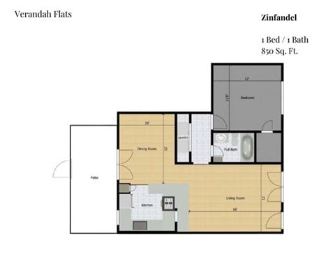 Floor plan for 1 bed, 1 bath, 850 sqft